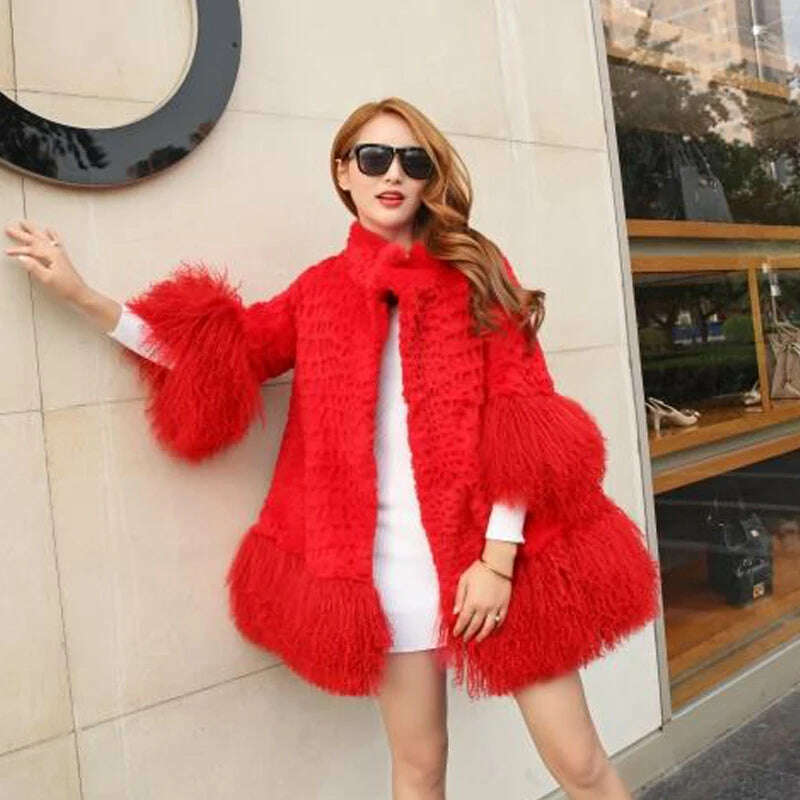 Europe and America women Mongolia Sheep fur sleeve and hem ladies loose outwear Genuine fur coat fashion New fur jacket - KIMLUD