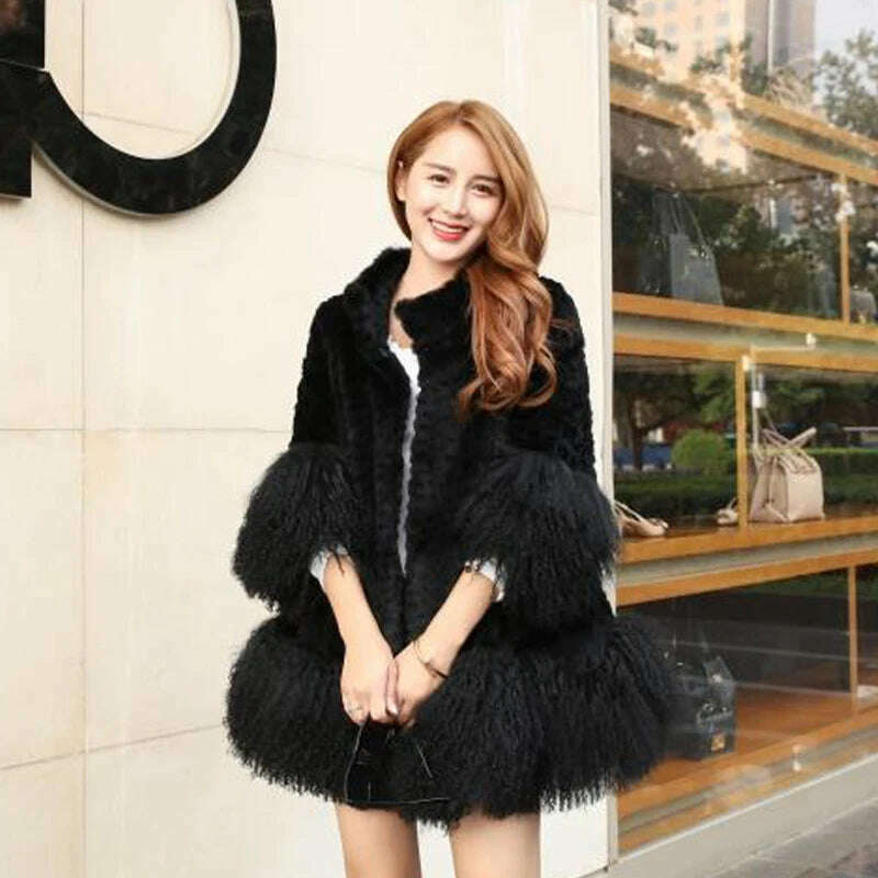 Europe and America women Mongolia Sheep fur sleeve and hem ladies loose outwear Genuine fur coat fashion New fur jacket - KIMLUD