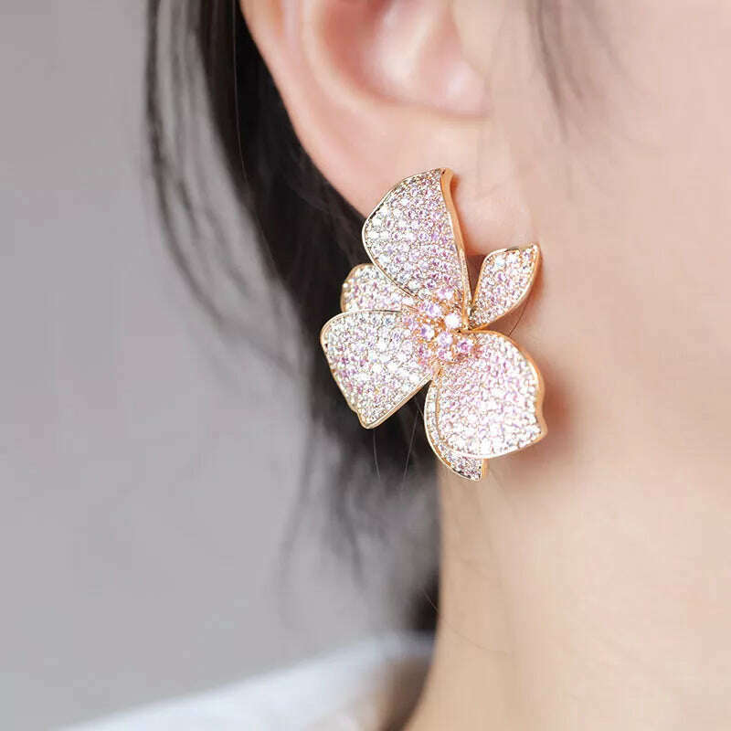Europe hot fashion jewelry 18K gold plated copper zircon exaggerated flower earrings luxury women's wedding party accessories - KIMLUD