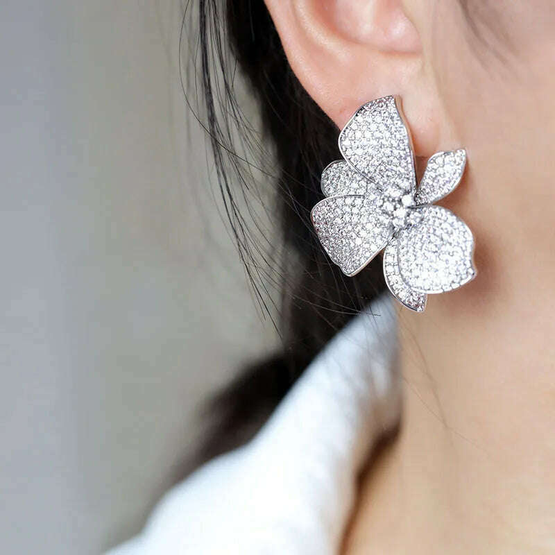 Europe hot fashion jewelry 18K gold plated copper zircon exaggerated flower earrings luxury women's wedding party accessories - KIMLUD
