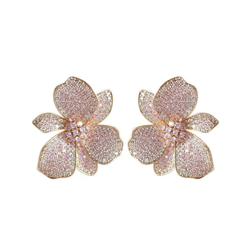 Europe hot fashion jewelry 18K gold plated copper zircon exaggerated flower earrings luxury women's wedding party accessories - KIMLUD