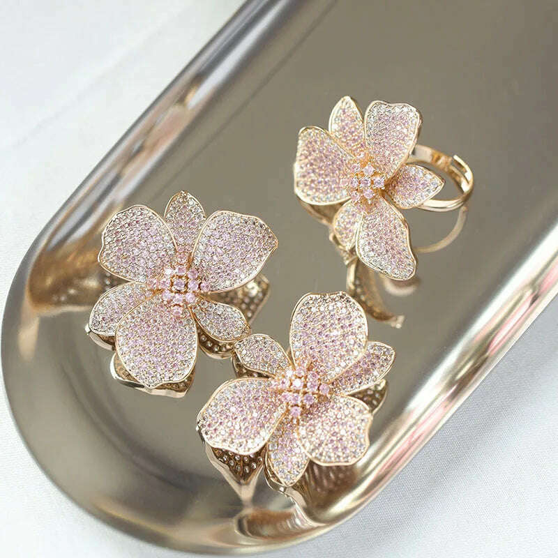 Europe hot fashion jewelry 18K gold plated copper zircon exaggerated flower earrings luxury women's wedding party accessories - KIMLUD