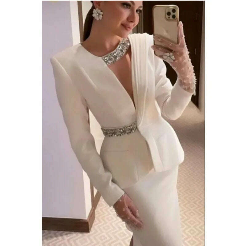 KIMLUD, Evening Dresses Full Sleeves Jacket Formal Dresses 2024 Beads Cocktail Party Dresses Saudi Arabia Dubai Prom Gown فساتين طويلة, Ivory / CHINA / 14W, KIMLUD APPAREL - Womens Clothes