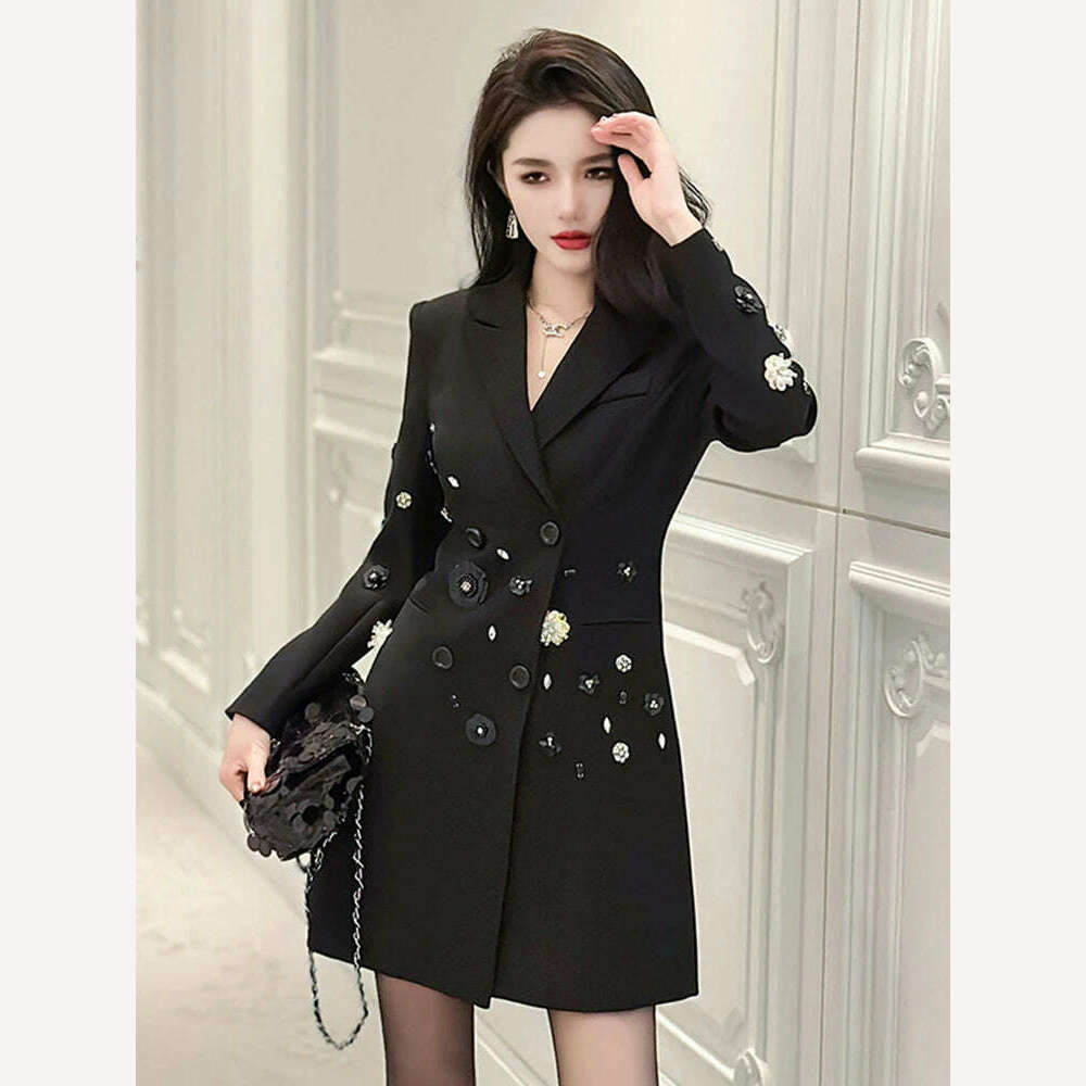 Exquisite Luxury Black Suit Coat Women's French Diamond Sequin Flower OL Professional Business Jacket Femme Outerwear Party Tops - KIMLUD