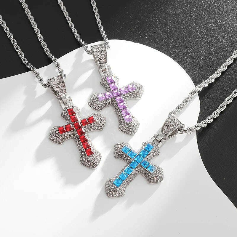 KIMLUD, Exquisite Shiny Cross Square Crystal Zirconia Pendant Necklace for Women Men Fashion Hip Hop Party Luxury Jewelry Christmas Gift, KIMLUD Womens Clothes