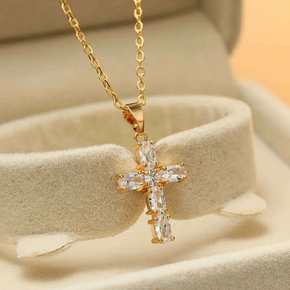 KIMLUD, Exquisite Shiny Cross Square Crystal Zirconia Pendant Necklace for Women Men Fashion Hip Hop Party Luxury Jewelry Christmas Gift, AL6887-Gold, KIMLUD Womens Clothes