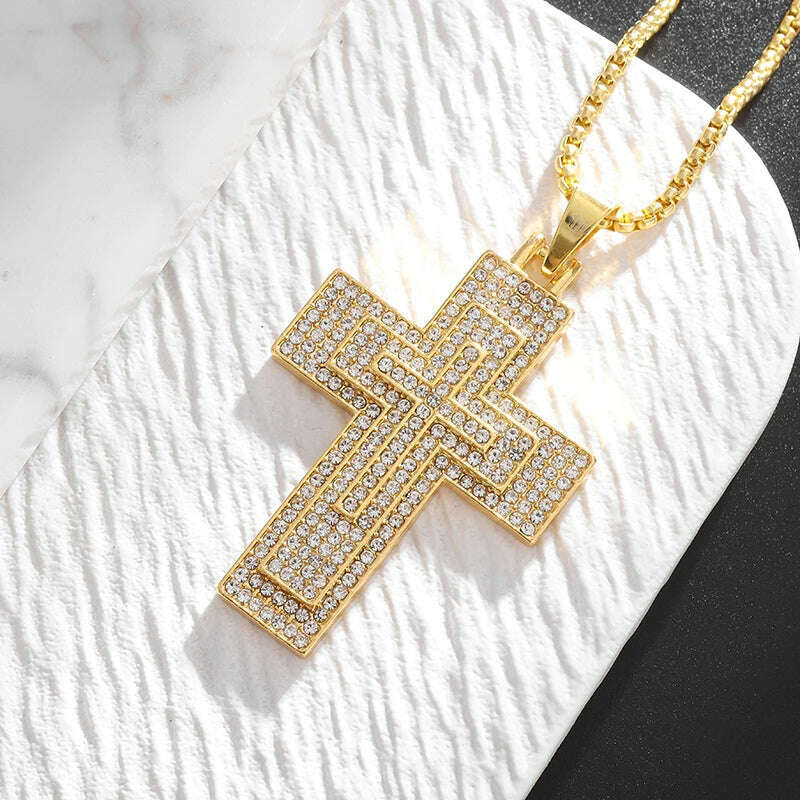 KIMLUD, Exquisite Shiny Cross Square Crystal Zirconia Pendant Necklace for Women Men Fashion Hip Hop Party Luxury Jewelry Christmas Gift, AL20352-Gold, KIMLUD Womens Clothes