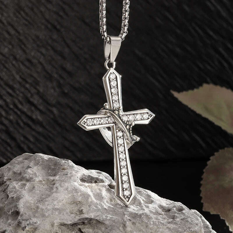 KIMLUD, Exquisite Shiny Cross Square Crystal Zirconia Pendant Necklace for Women Men Fashion Hip Hop Party Luxury Jewelry Christmas Gift, AL20446-Silver, KIMLUD Womens Clothes
