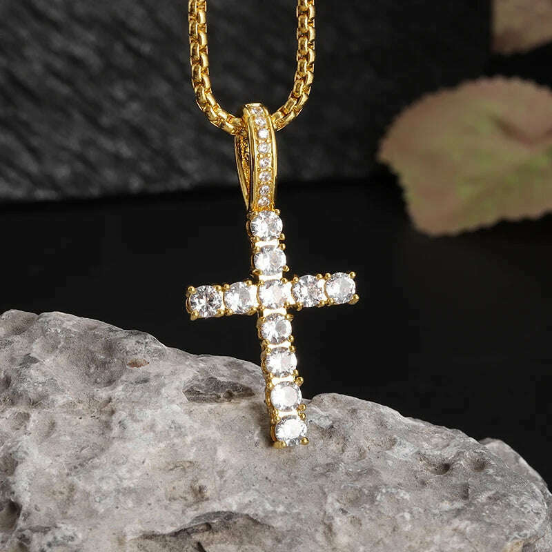 KIMLUD, Exquisite Shiny Cross Square Crystal Zirconia Pendant Necklace for Women Men Fashion Hip Hop Party Luxury Jewelry Christmas Gift, AL20438-Gold, KIMLUD Womens Clothes