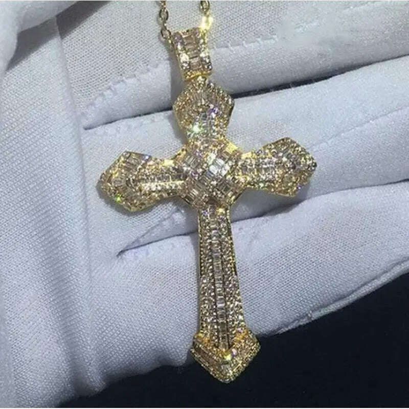 KIMLUD, Exquisite Shiny Cross Square Crystal Zirconia Pendant Necklace for Women Men Fashion Hip Hop Party Luxury Jewelry Christmas Gift, A6891-Gold, KIMLUD Womens Clothes