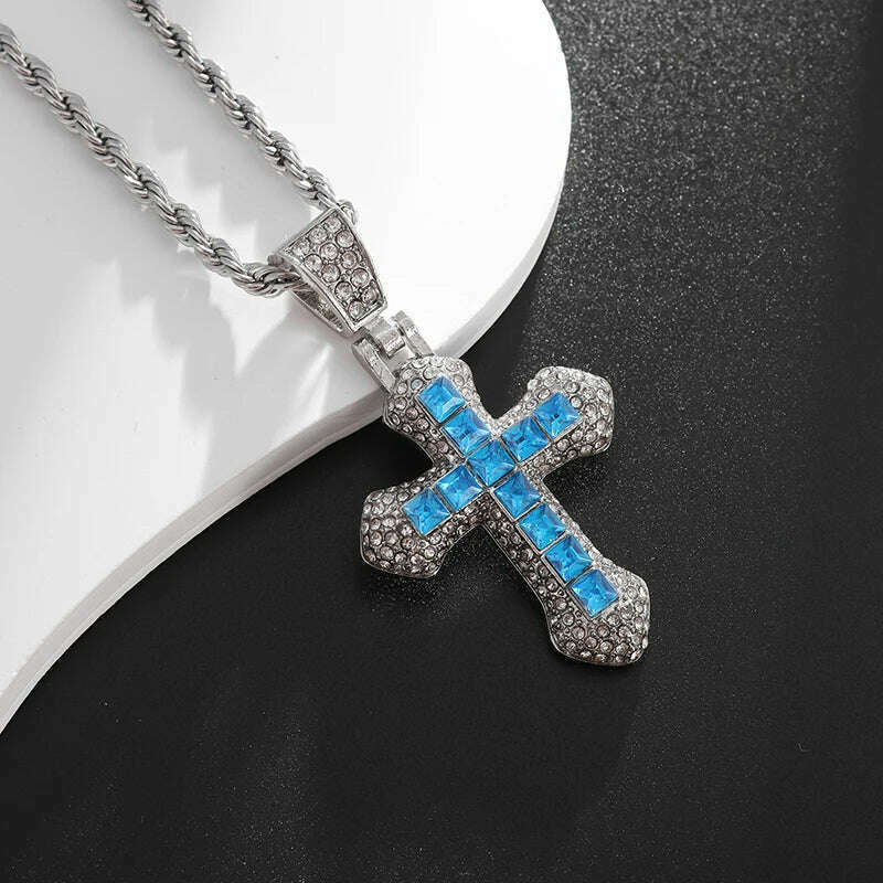 KIMLUD, Exquisite Shiny Cross Square Crystal Zirconia Pendant Necklace for Women Men Fashion Hip Hop Party Luxury Jewelry Christmas Gift, AL20525-Blue, KIMLUD Womens Clothes
