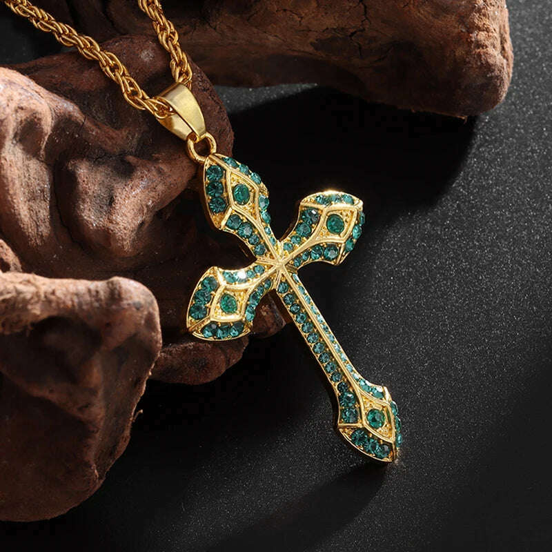 KIMLUD, Exquisite Shiny Cross Square Crystal Zirconia Pendant Necklace for Women Men Fashion Hip Hop Party Luxury Jewelry Christmas Gift, AL20290-Green, KIMLUD Womens Clothes