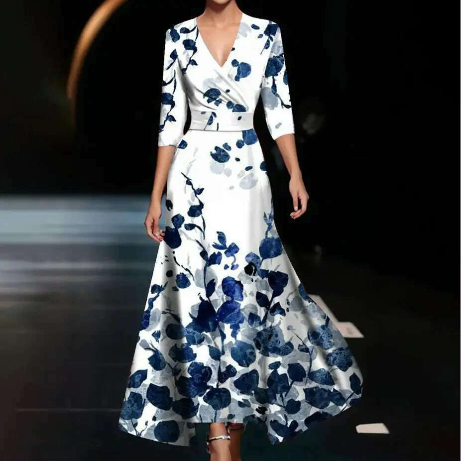 KIMLUD, Fashion Boho Maxi Dress Women Sexy Spring V Neck Vintage Printed Swing Elegant Fashion Half Sleeved Waist Cinching Party Dresses, KIMLUD Womens Clothes