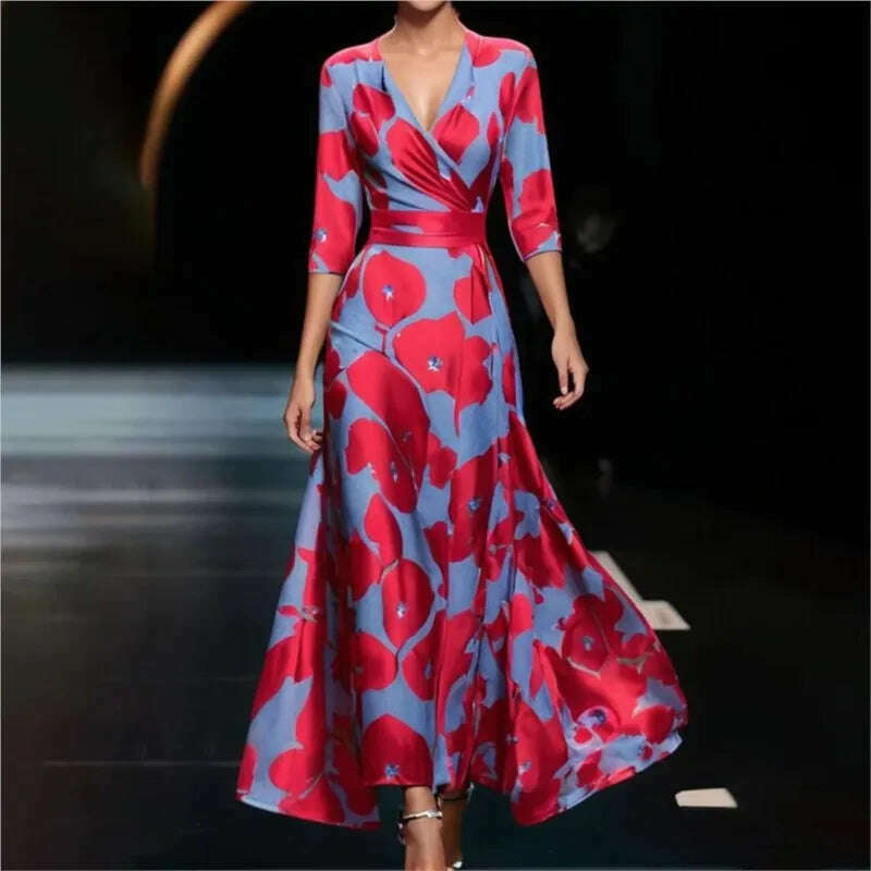 KIMLUD, Fashion Boho Maxi Dress Women Sexy Spring V Neck Vintage Printed Swing Elegant Fashion Half Sleeved Waist Cinching Party Dresses, KIMLUD Womens Clothes