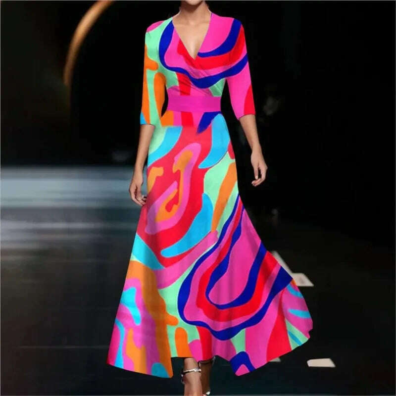 KIMLUD, Fashion Boho Maxi Dress Women Sexy Spring V Neck Vintage Printed Swing Elegant Fashion Half Sleeved Waist Cinching Party Dresses, KIMLUD Womens Clothes