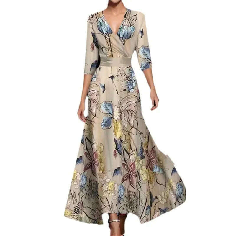 KIMLUD, Fashion Boho Maxi Dress Women Sexy Spring V Neck Vintage Printed Swing Elegant Fashion Half Sleeved Waist Cinching Party Dresses, KIMLUD Womens Clothes