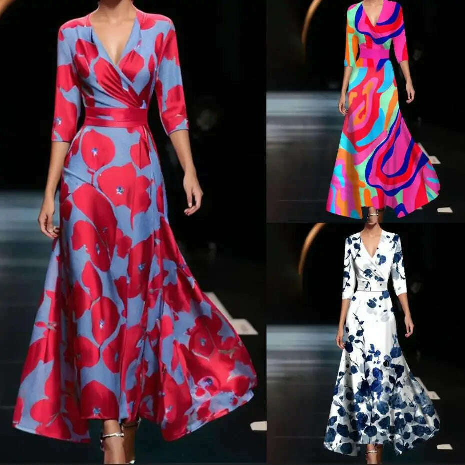 KIMLUD, Fashion Boho Maxi Dress Women Sexy Spring V Neck Vintage Printed Swing Elegant Fashion Half Sleeved Waist Cinching Party Dresses, KIMLUD Womens Clothes