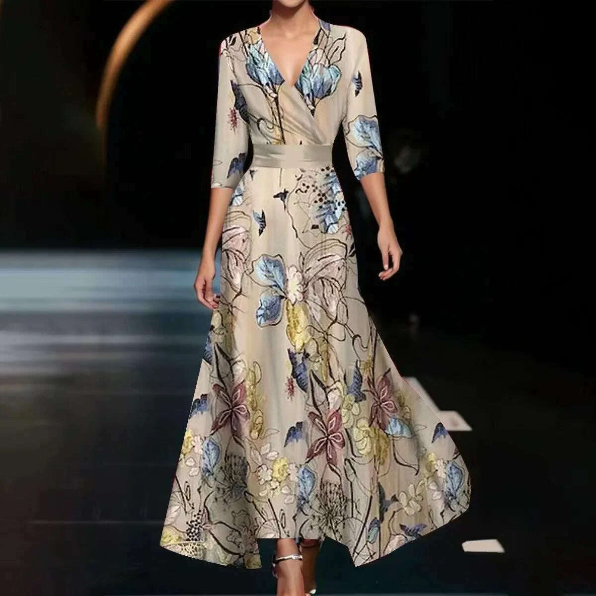 KIMLUD, Fashion Boho Maxi Dress Women Sexy Spring V Neck Vintage Printed Swing Elegant Fashion Half Sleeved Waist Cinching Party Dresses, Champagne / M, KIMLUD APPAREL - Womens Clothes