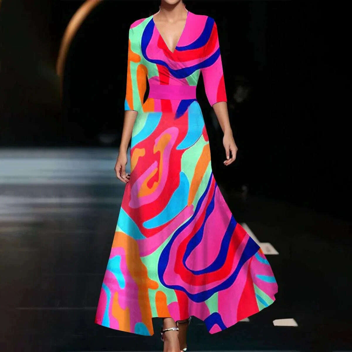 KIMLUD, Fashion Boho Maxi Dress Women Sexy Spring V Neck Vintage Printed Swing Elegant Fashion Half Sleeved Waist Cinching Party Dresses, MULTI / XXXL, KIMLUD APPAREL - Womens Clothes