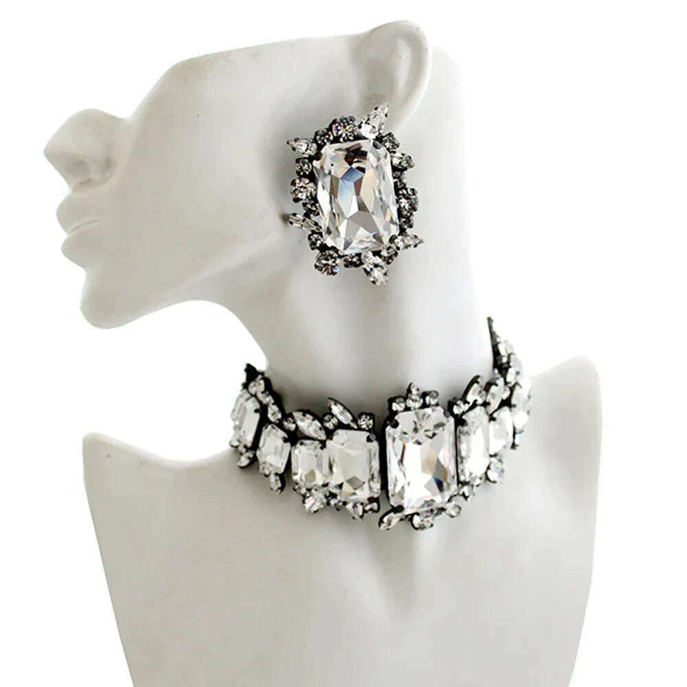 Fashion Bride Crystal Necklace Earrings Set Bridesmaid Wedding Jewellry Two Pieces Choker Necklace Prom Costume Jewelry Sets - KIMLUD