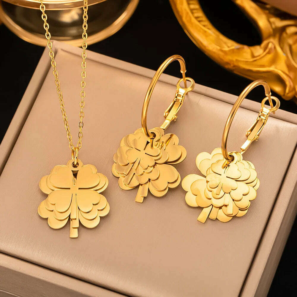 Fashion Four-leaf Clover Stainless Steel Earrings Necklace Set For Women Lucky Turkish Blue Eyes Drop Pendant Daywear Jewelry - KIMLUD