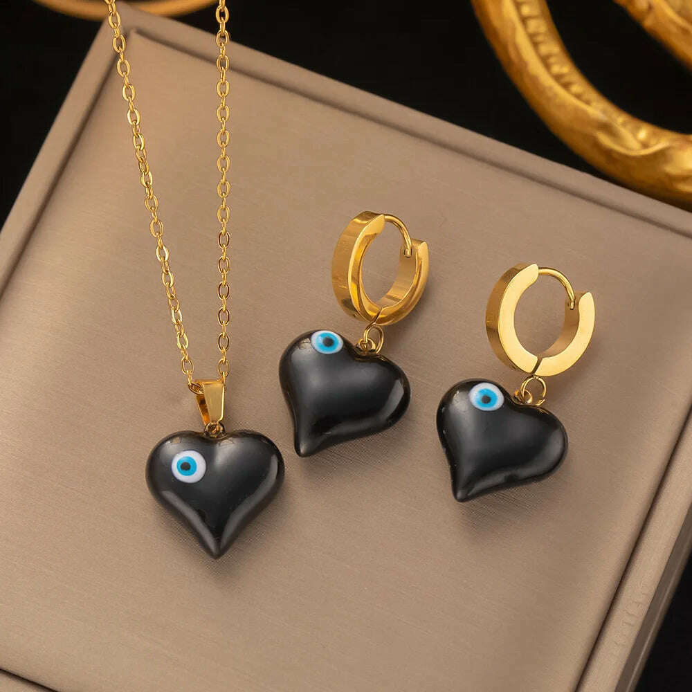 Fashion Four-leaf Clover Stainless Steel Earrings Necklace Set For Women Lucky Turkish Blue Eyes Drop Pendant Daywear Jewelry - KIMLUD
