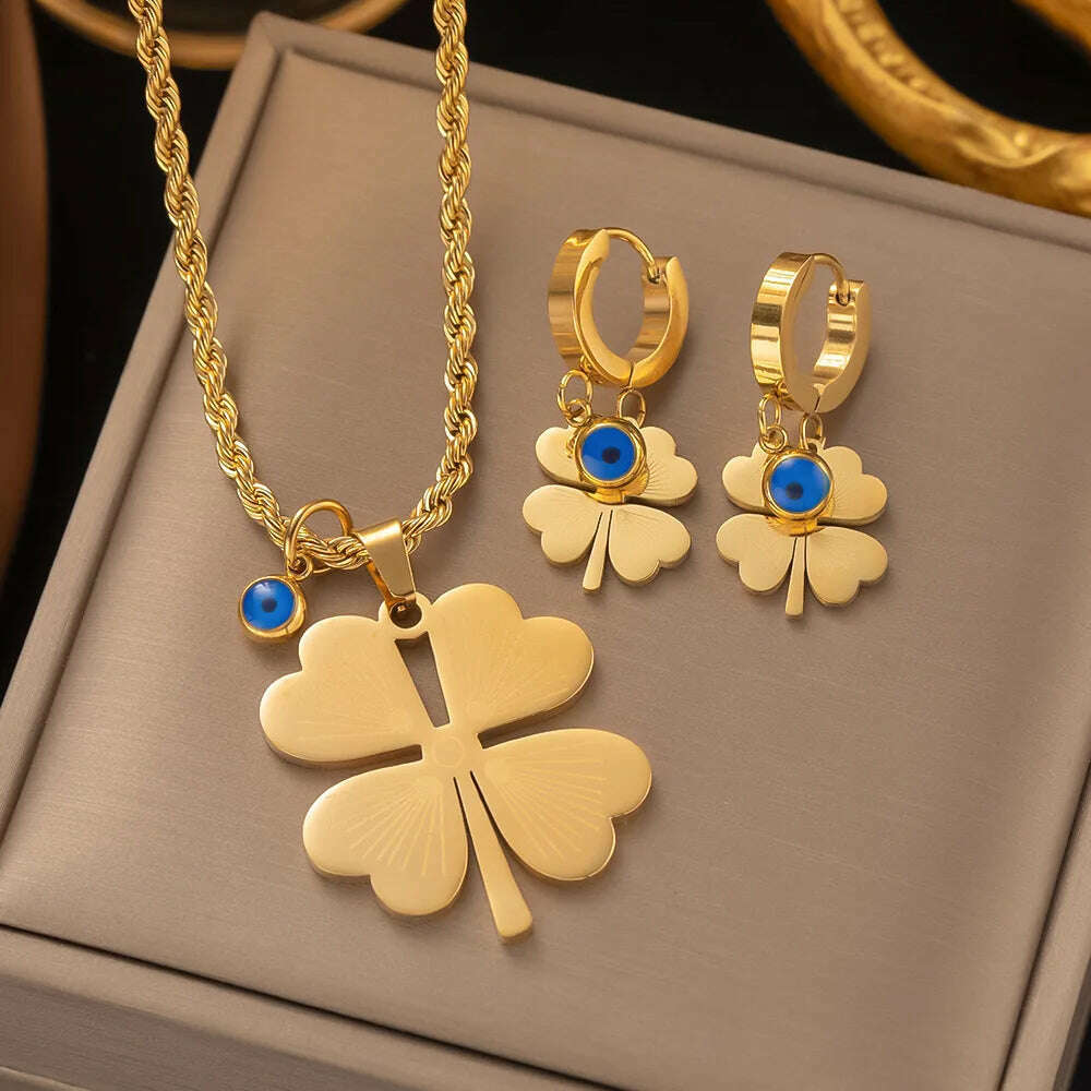 Fashion Four-leaf Clover Stainless Steel Earrings Necklace Set For Women Lucky Turkish Blue Eyes Drop Pendant Daywear Jewelry - KIMLUD