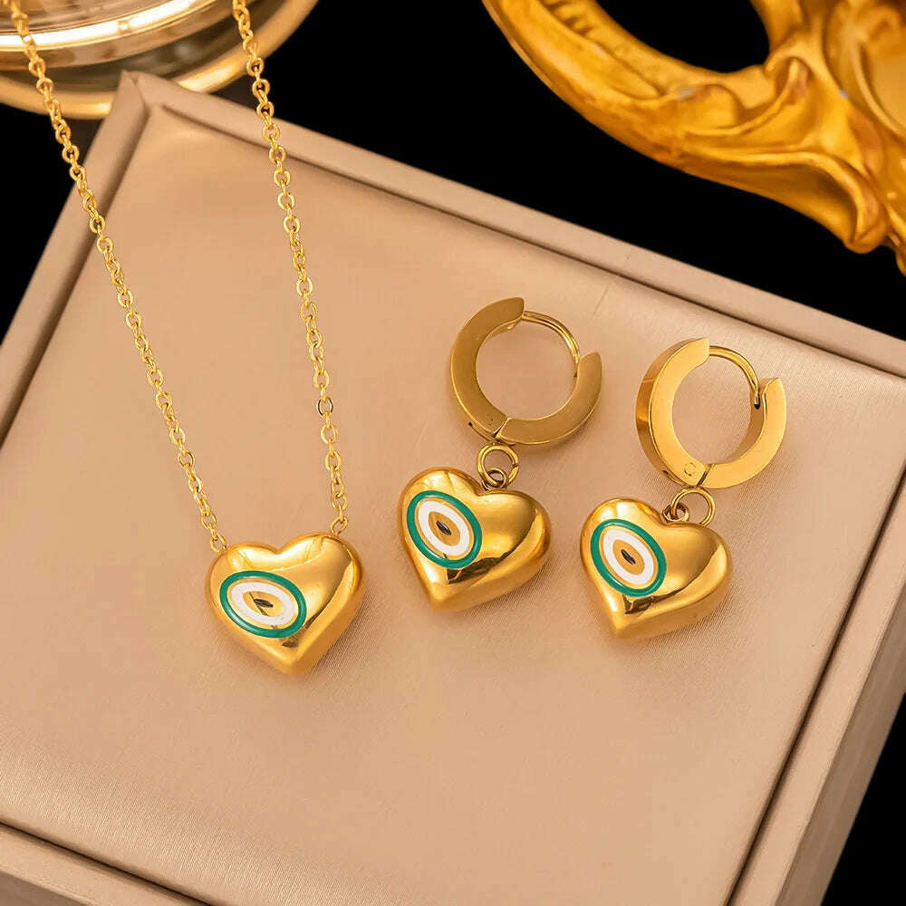 Fashion Four-leaf Clover Stainless Steel Earrings Necklace Set For Women Lucky Turkish Blue Eyes Drop Pendant Daywear Jewelry - KIMLUD