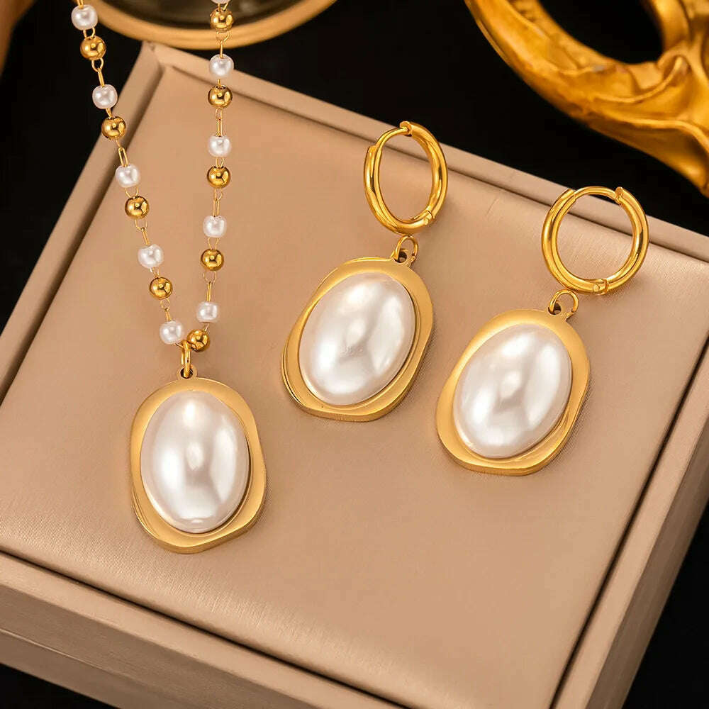 Fashion Four-leaf Clover Stainless Steel Earrings Necklace Set For Women Lucky Turkish Blue Eyes Drop Pendant Daywear Jewelry - KIMLUD