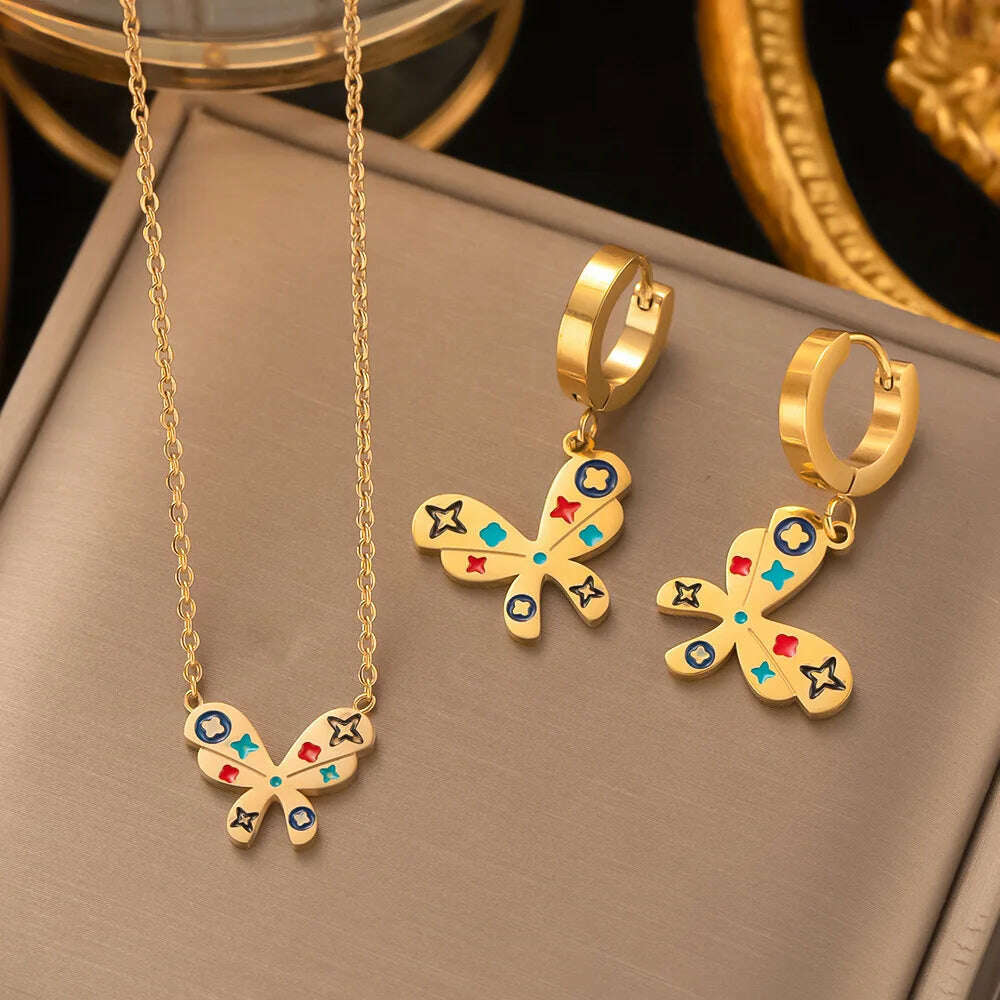 Fashion Four-leaf Clover Stainless Steel Earrings Necklace Set For Women Lucky Turkish Blue Eyes Drop Pendant Daywear Jewelry - KIMLUD