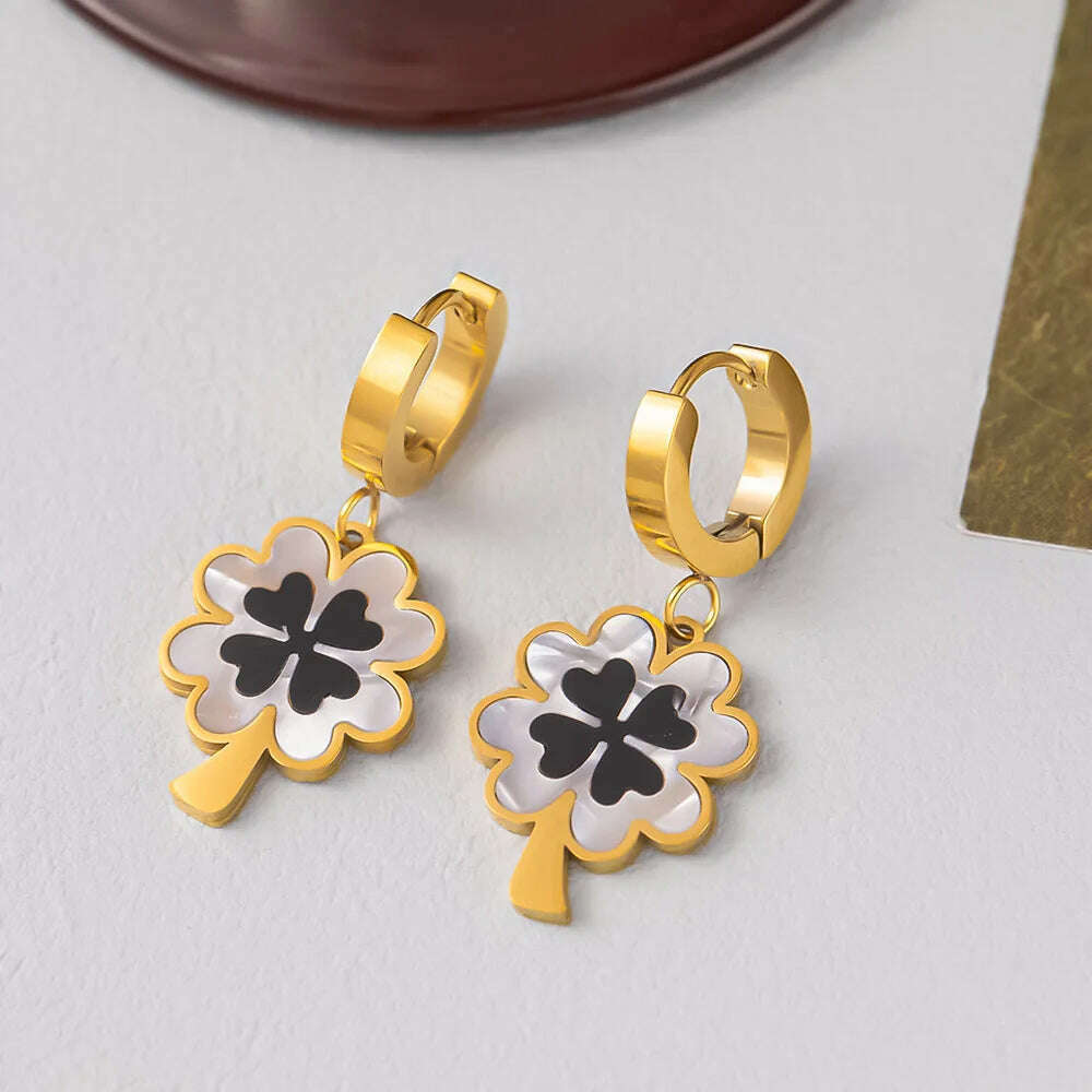 Fashion Four-leaf Clover Stainless Steel Earrings Necklace Set For Women Lucky Turkish Blue Eyes Drop Pendant Daywear Jewelry - KIMLUD