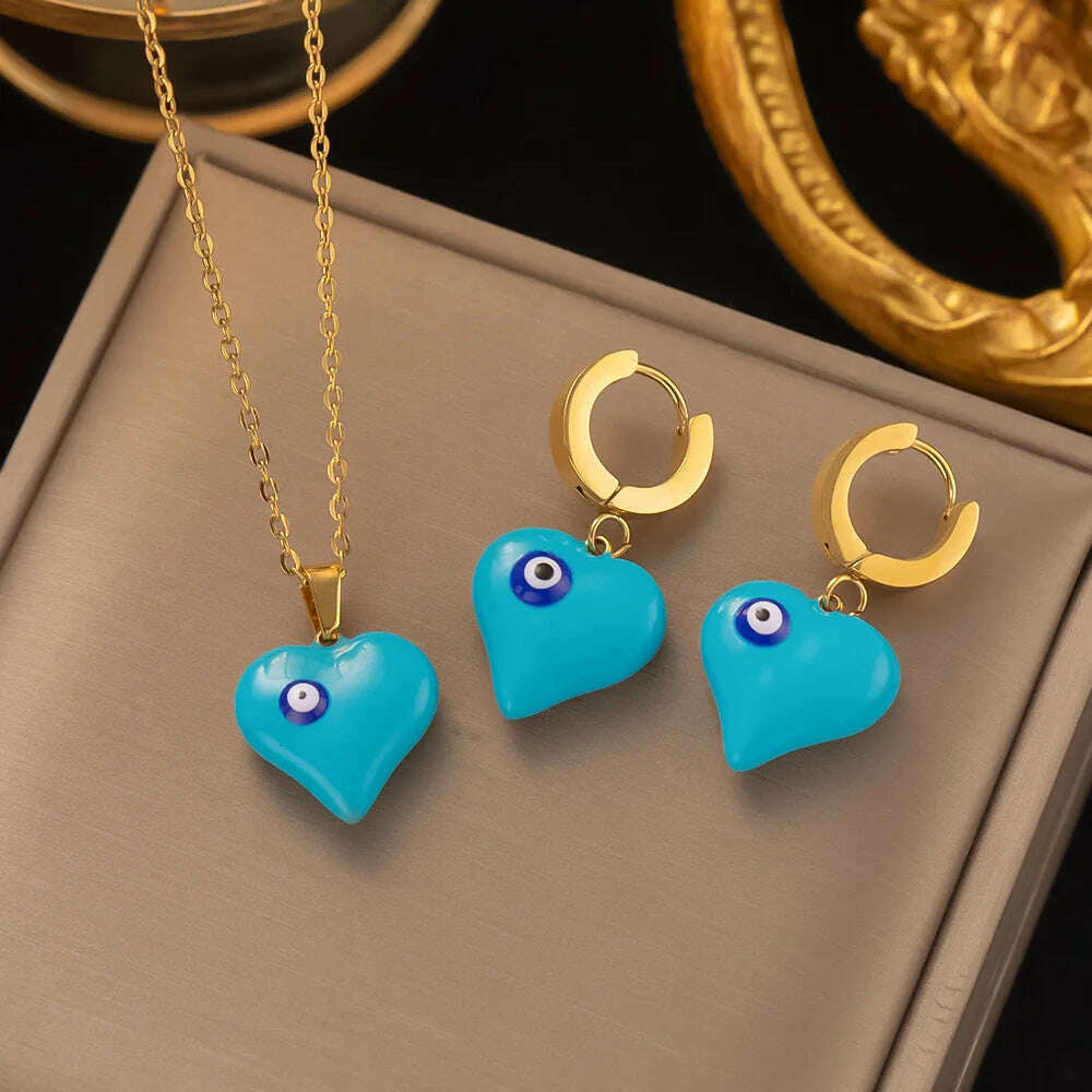 Fashion Four-leaf Clover Stainless Steel Earrings Necklace Set For Women Lucky Turkish Blue Eyes Drop Pendant Daywear Jewelry - KIMLUD