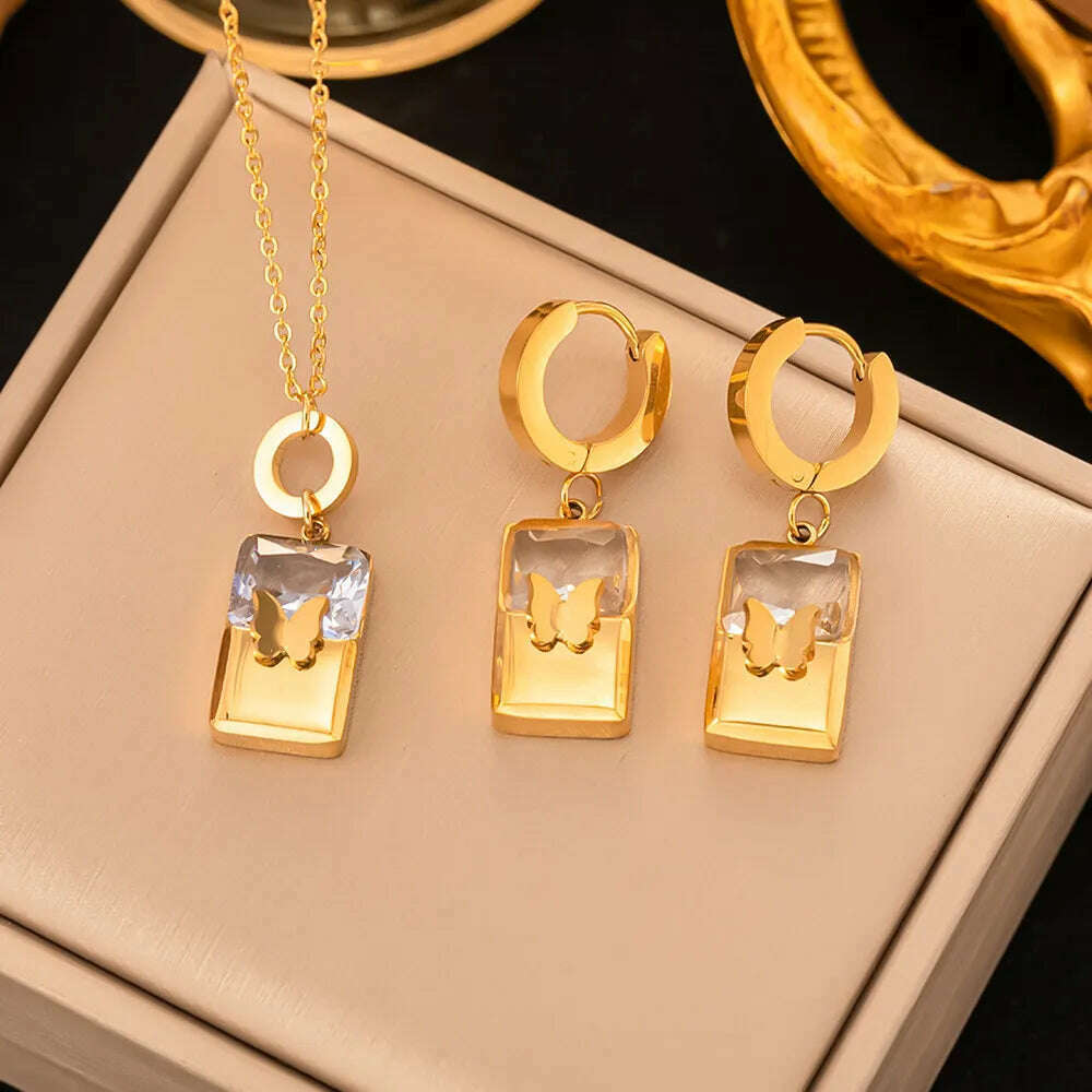 Fashion Four-leaf Clover Stainless Steel Earrings Necklace Set For Women Lucky Turkish Blue Eyes Drop Pendant Daywear Jewelry - KIMLUD