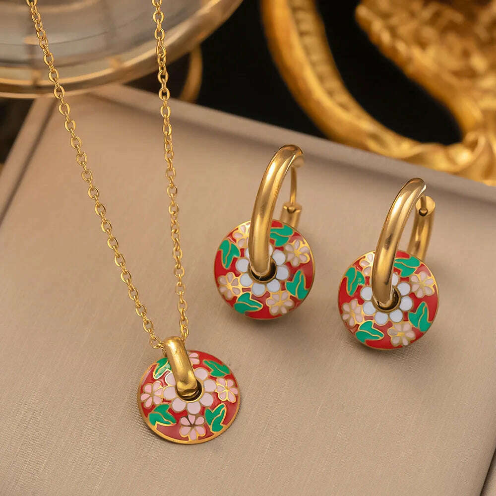 Fashion Four-leaf Clover Stainless Steel Earrings Necklace Set For Women Lucky Turkish Blue Eyes Drop Pendant Daywear Jewelry - KIMLUD