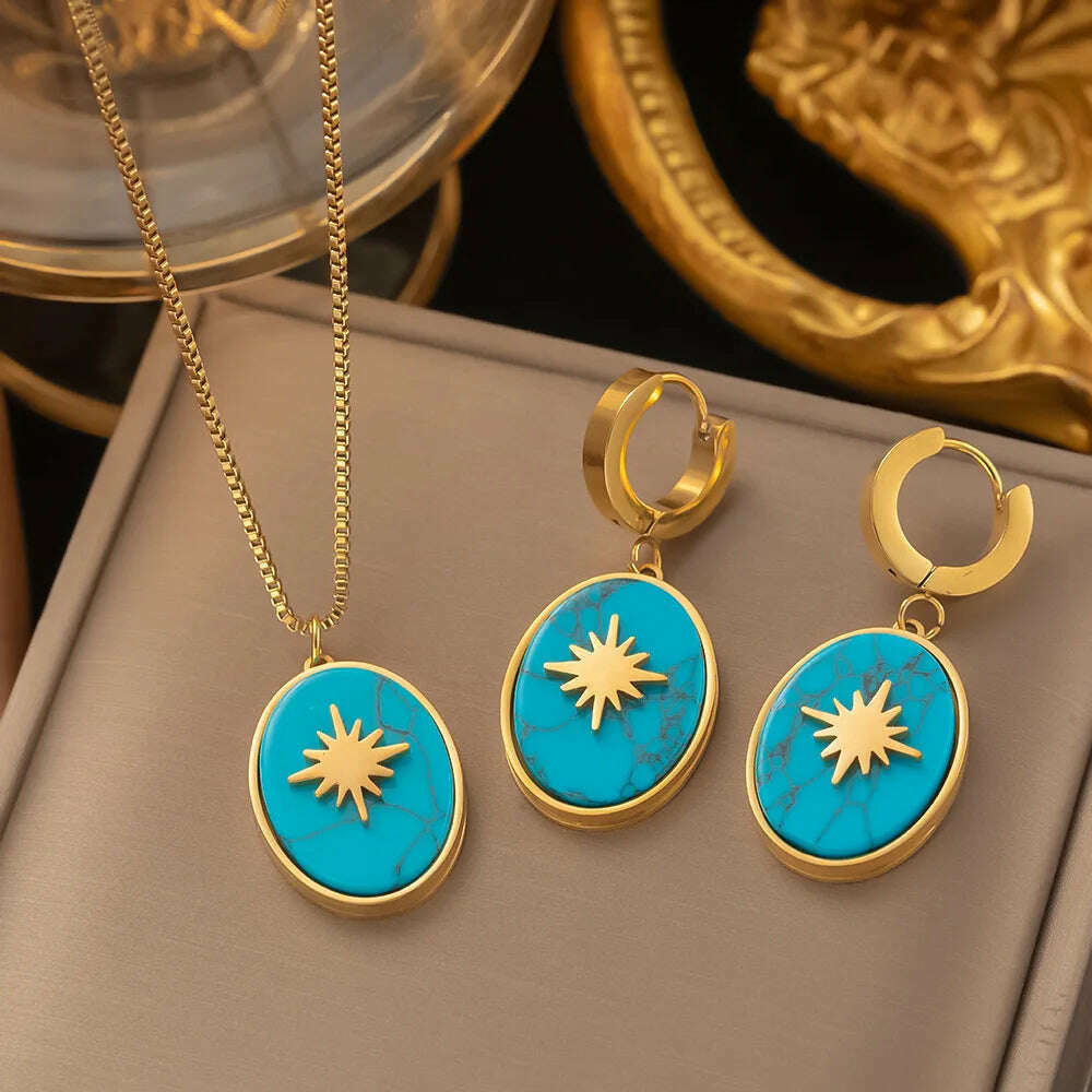 Fashion Four-leaf Clover Stainless Steel Earrings Necklace Set For Women Lucky Turkish Blue Eyes Drop Pendant Daywear Jewelry - KIMLUD