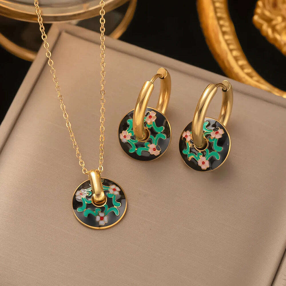 Fashion Four-leaf Clover Stainless Steel Earrings Necklace Set For Women Lucky Turkish Blue Eyes Drop Pendant Daywear Jewelry - KIMLUD
