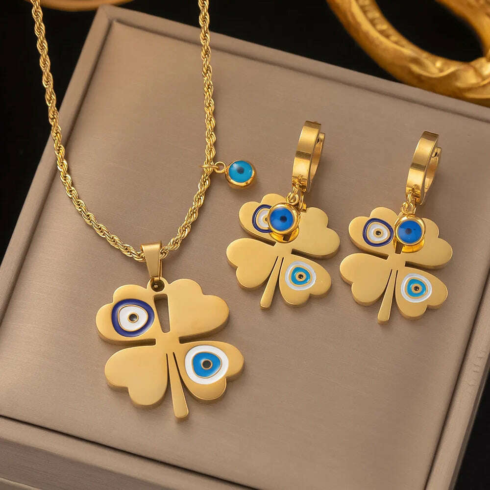 Fashion Four-leaf Clover Stainless Steel Earrings Necklace Set For Women Lucky Turkish Blue Eyes Drop Pendant Daywear Jewelry - KIMLUD