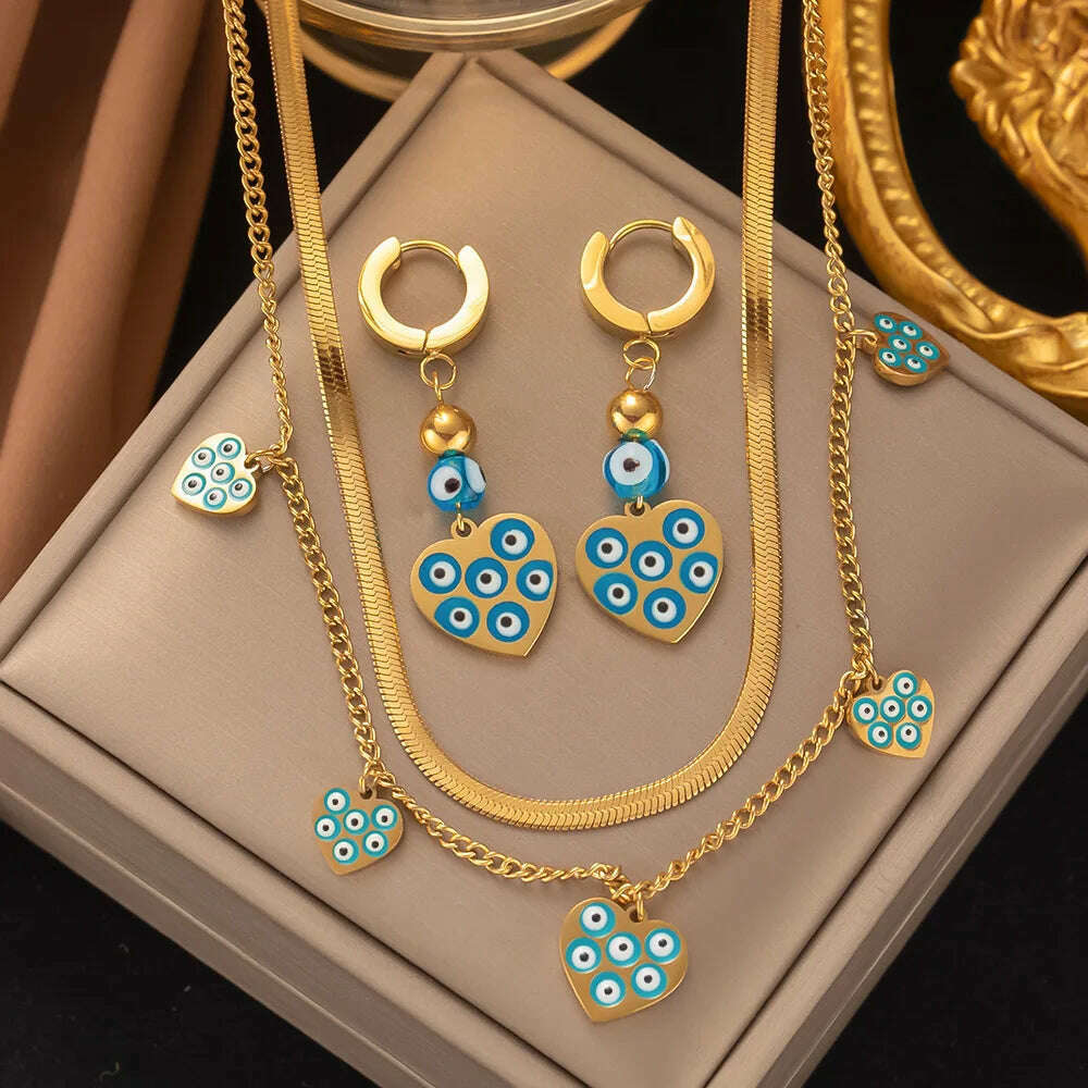 Fashion Four-leaf Clover Stainless Steel Earrings Necklace Set For Women Lucky Turkish Blue Eyes Drop Pendant Daywear Jewelry - KIMLUD