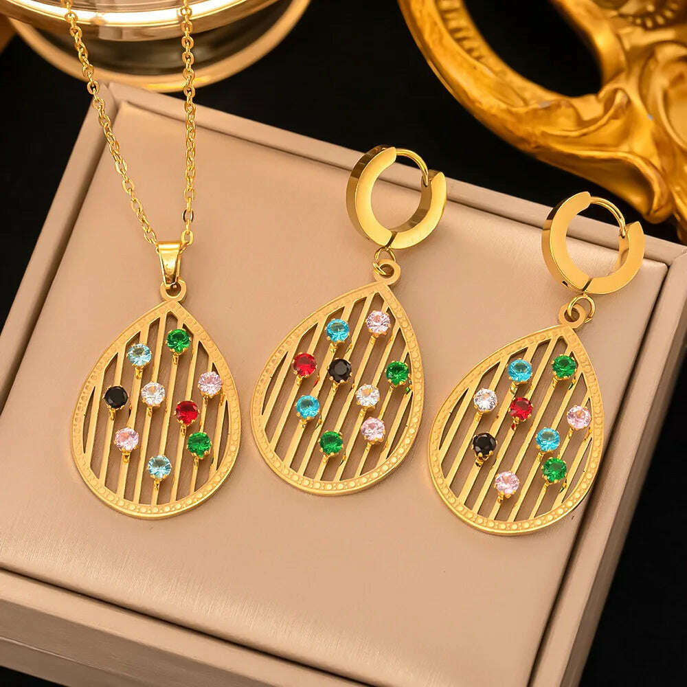 Fashion Four-leaf Clover Stainless Steel Earrings Necklace Set For Women Lucky Turkish Blue Eyes Drop Pendant Daywear Jewelry - KIMLUD