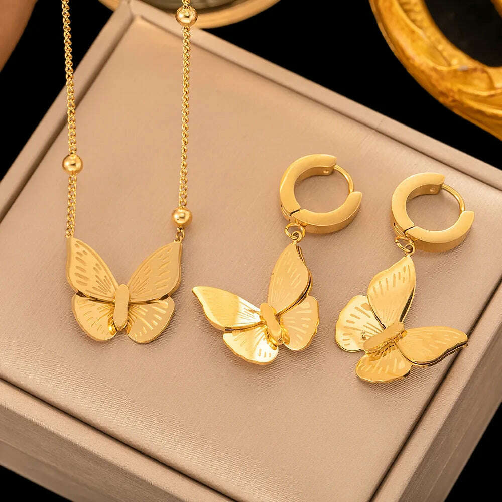 Fashion Four-leaf Clover Stainless Steel Earrings Necklace Set For Women Lucky Turkish Blue Eyes Drop Pendant Daywear Jewelry - KIMLUD