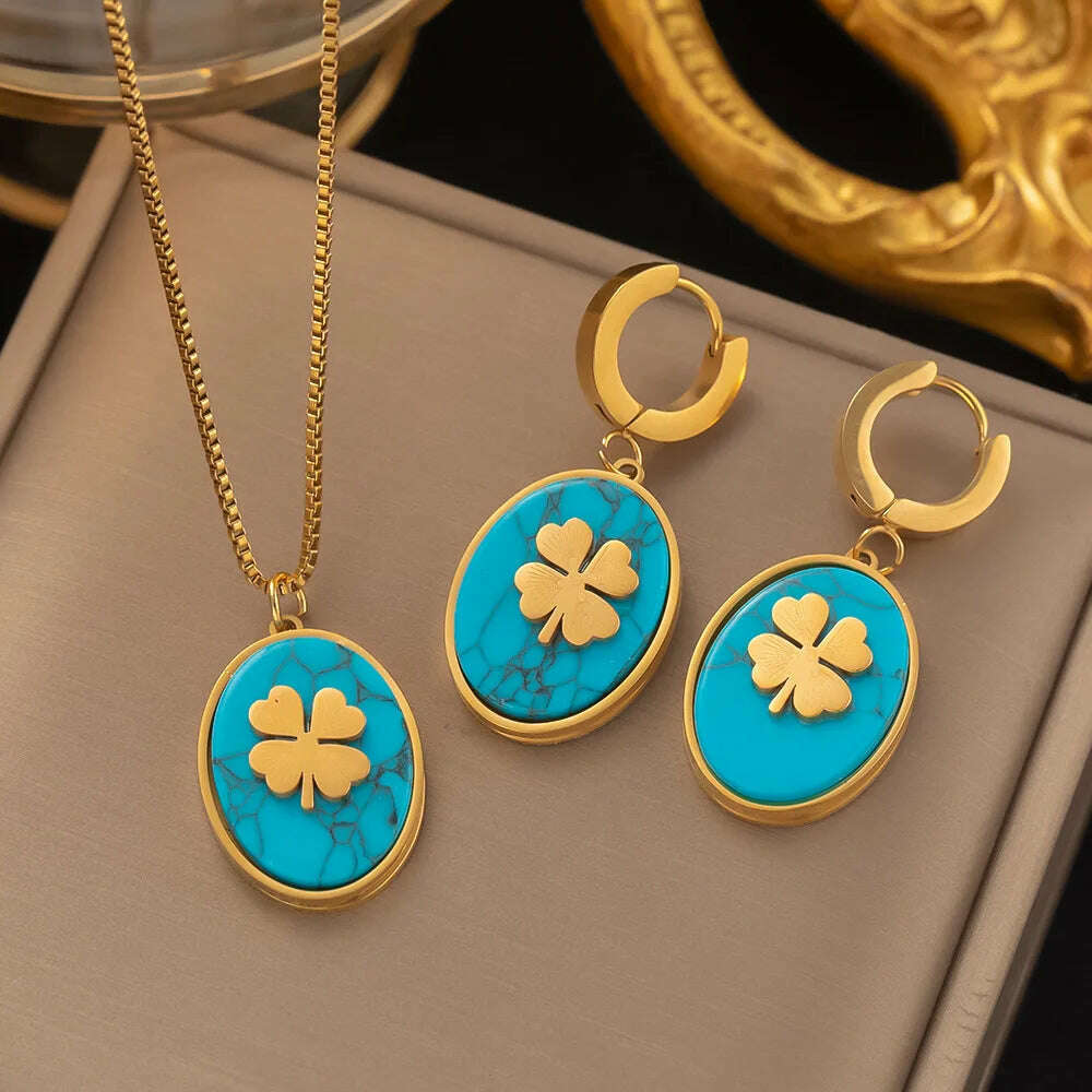 Fashion Four-leaf Clover Stainless Steel Earrings Necklace Set For Women Lucky Turkish Blue Eyes Drop Pendant Daywear Jewelry - KIMLUD