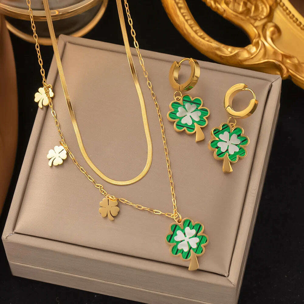 Fashion Four-leaf Clover Stainless Steel Earrings Necklace Set For Women Lucky Turkish Blue Eyes Drop Pendant Daywear Jewelry - KIMLUD