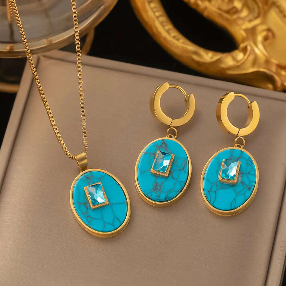 Fashion Four-leaf Clover Stainless Steel Earrings Necklace Set For Women Lucky Turkish Blue Eyes Drop Pendant Daywear Jewelry - KIMLUD