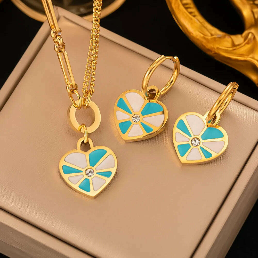 Fashion Four-leaf Clover Stainless Steel Earrings Necklace Set For Women Lucky Turkish Blue Eyes Drop Pendant Daywear Jewelry - KIMLUD