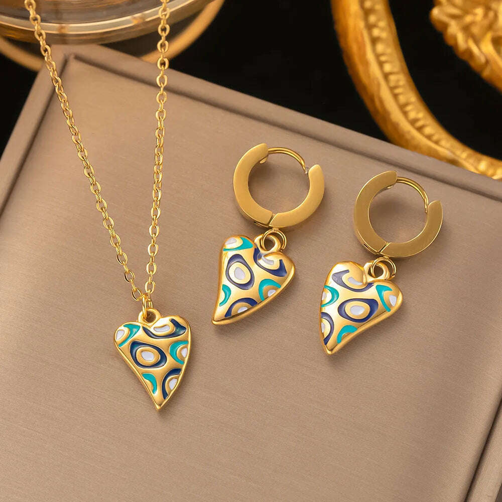 Fashion Four-leaf Clover Stainless Steel Earrings Necklace Set For Women Lucky Turkish Blue Eyes Drop Pendant Daywear Jewelry - KIMLUD