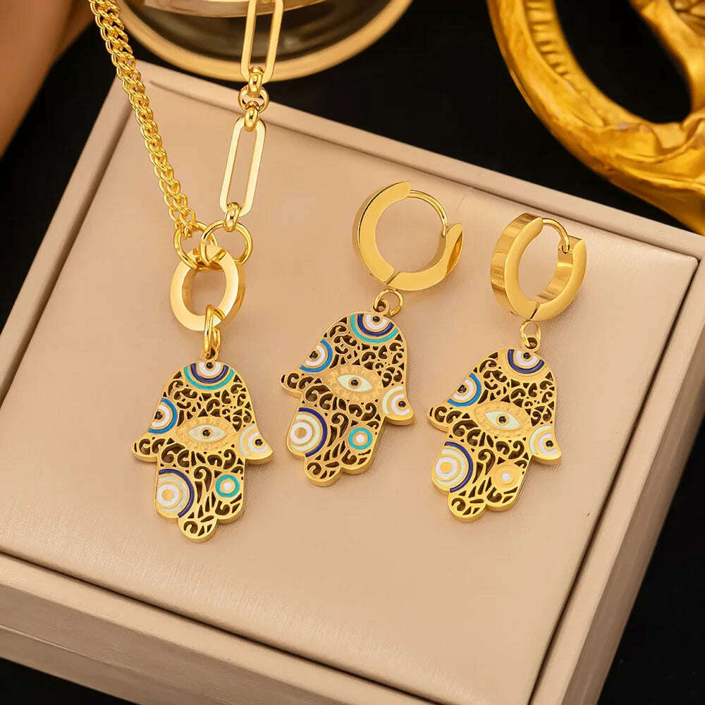 Fashion Four-leaf Clover Stainless Steel Earrings Necklace Set For Women Lucky Turkish Blue Eyes Drop Pendant Daywear Jewelry - KIMLUD