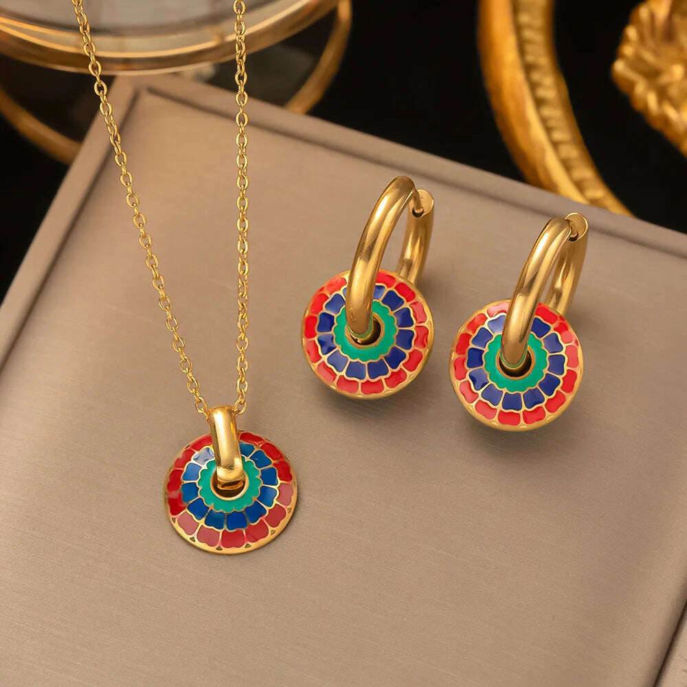 Fashion Four-leaf Clover Stainless Steel Earrings Necklace Set For Women Lucky Turkish Blue Eyes Drop Pendant Daywear Jewelry - KIMLUD