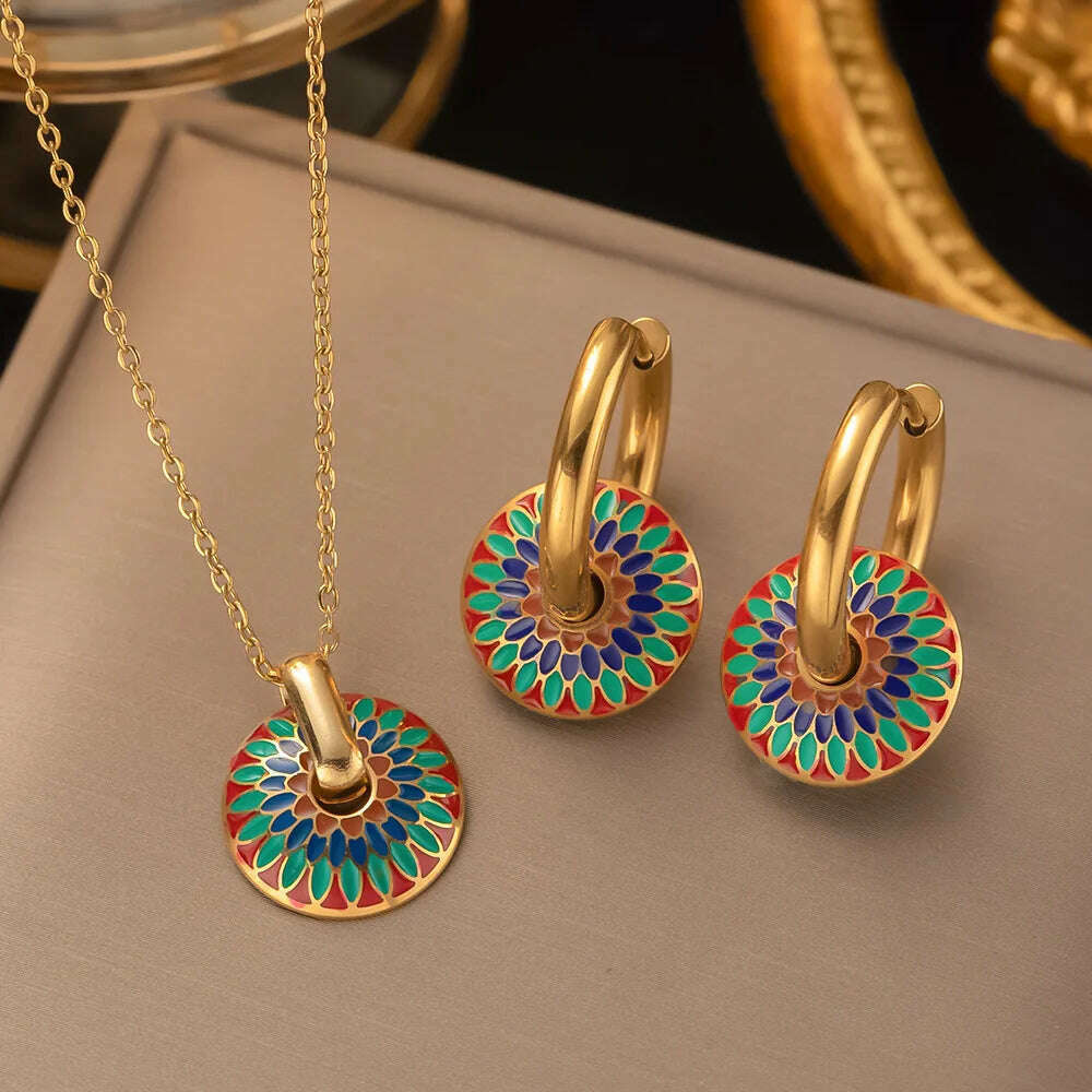 Fashion Four-leaf Clover Stainless Steel Earrings Necklace Set For Women Lucky Turkish Blue Eyes Drop Pendant Daywear Jewelry - KIMLUD