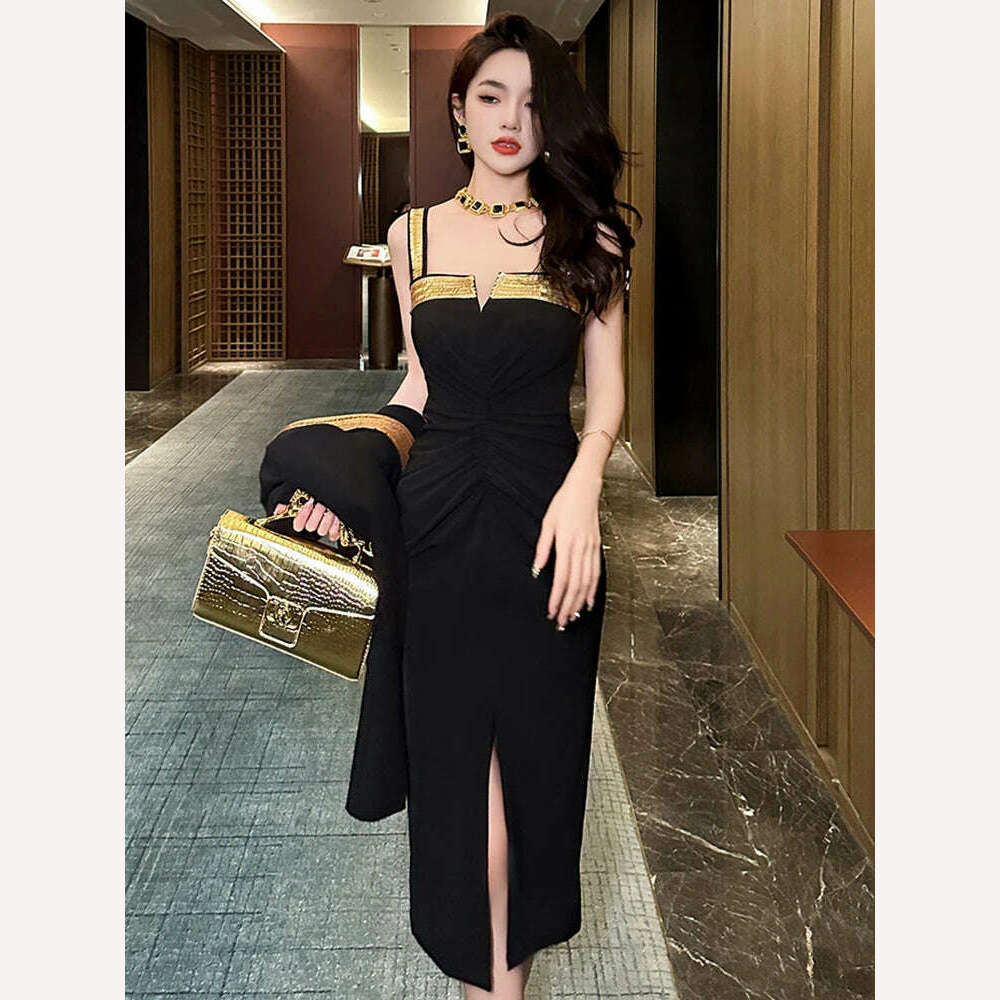 Fashion Ladies Luxury Black Evening Long Dress Women Clothes Chic Sexy Strap Slim Slit Midi Party Prom Robe Femme Mujer Vestidos - KIMLUD