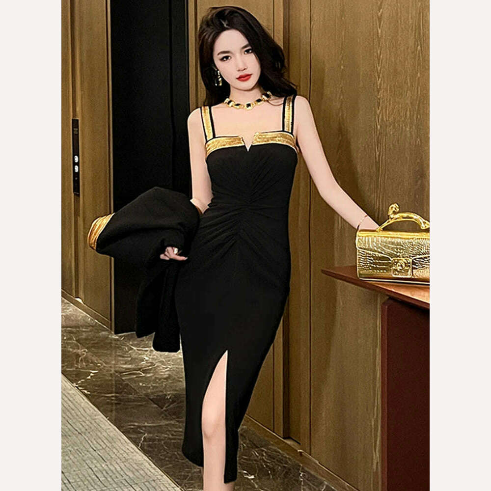 Fashion Ladies Luxury Black Evening Long Dress Women Clothes Chic Sexy Strap Slim Slit Midi Party Prom Robe Femme Mujer Vestidos - KIMLUD